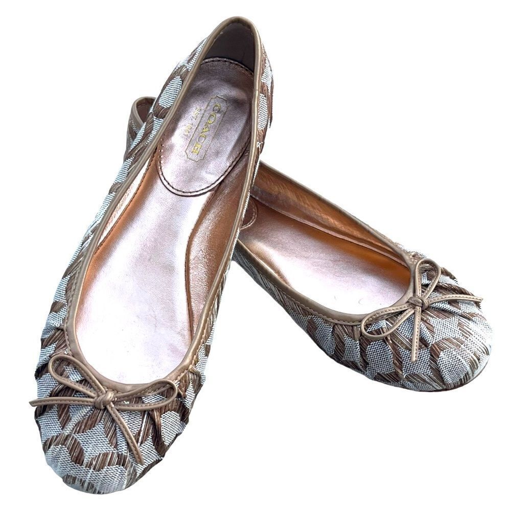 Coach Landon Round Toe Ballet Flat Cream/Gold Fabric Trimmed in Gold Leather 6B